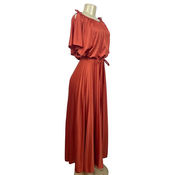 Vintage Style Rust Orange Maxi Dress With Belt & Flutter Sleeves S/M - Picture 2 of 9